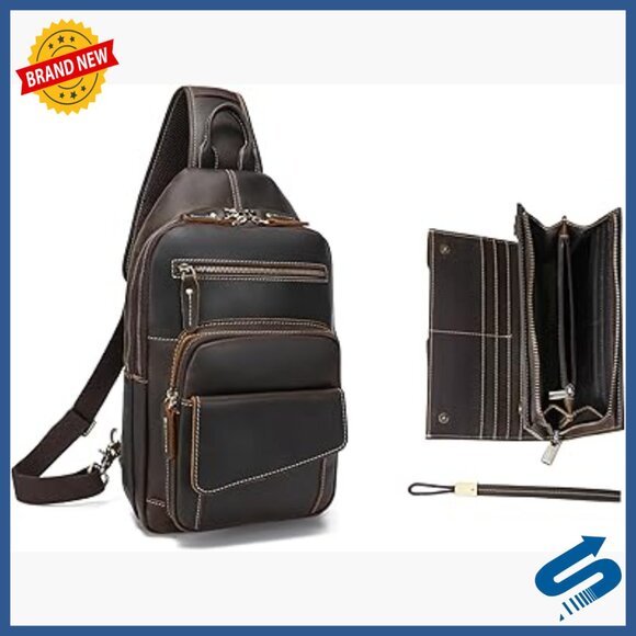 Full Grain Leather Sling Bag Crossbody Chest Daypack Travel Fits iPad